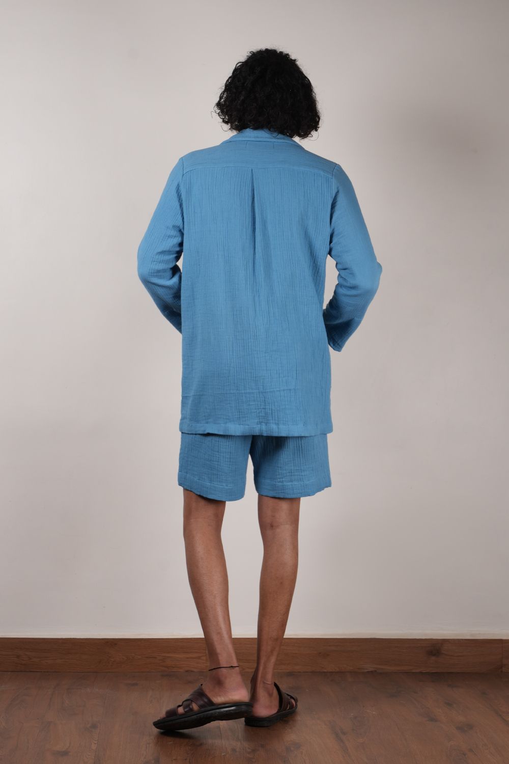 Men's Crush Cotton Blue Shawl Jacket