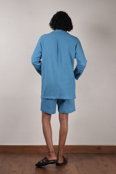 Men's Crush Cotton Blue Shawl Jacket