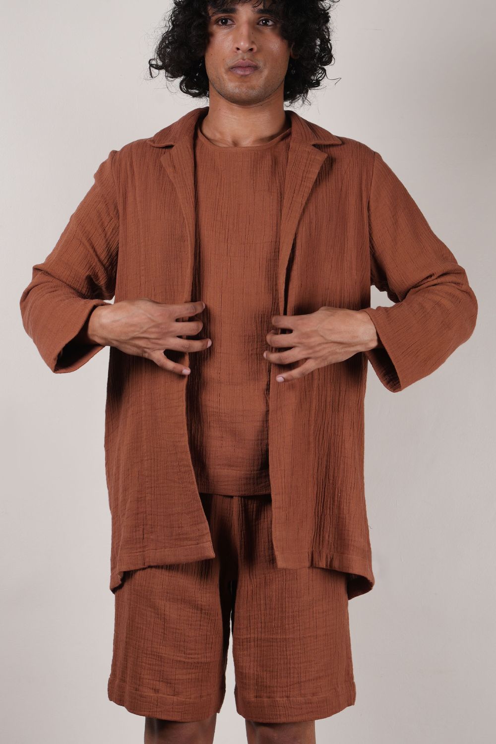 Men's Crush Cotton Brown Shawl Jacket