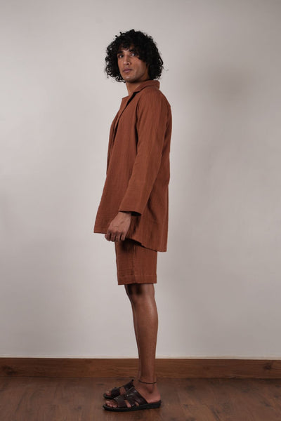 Men's Crush Cotton Brown Shawl Jacket