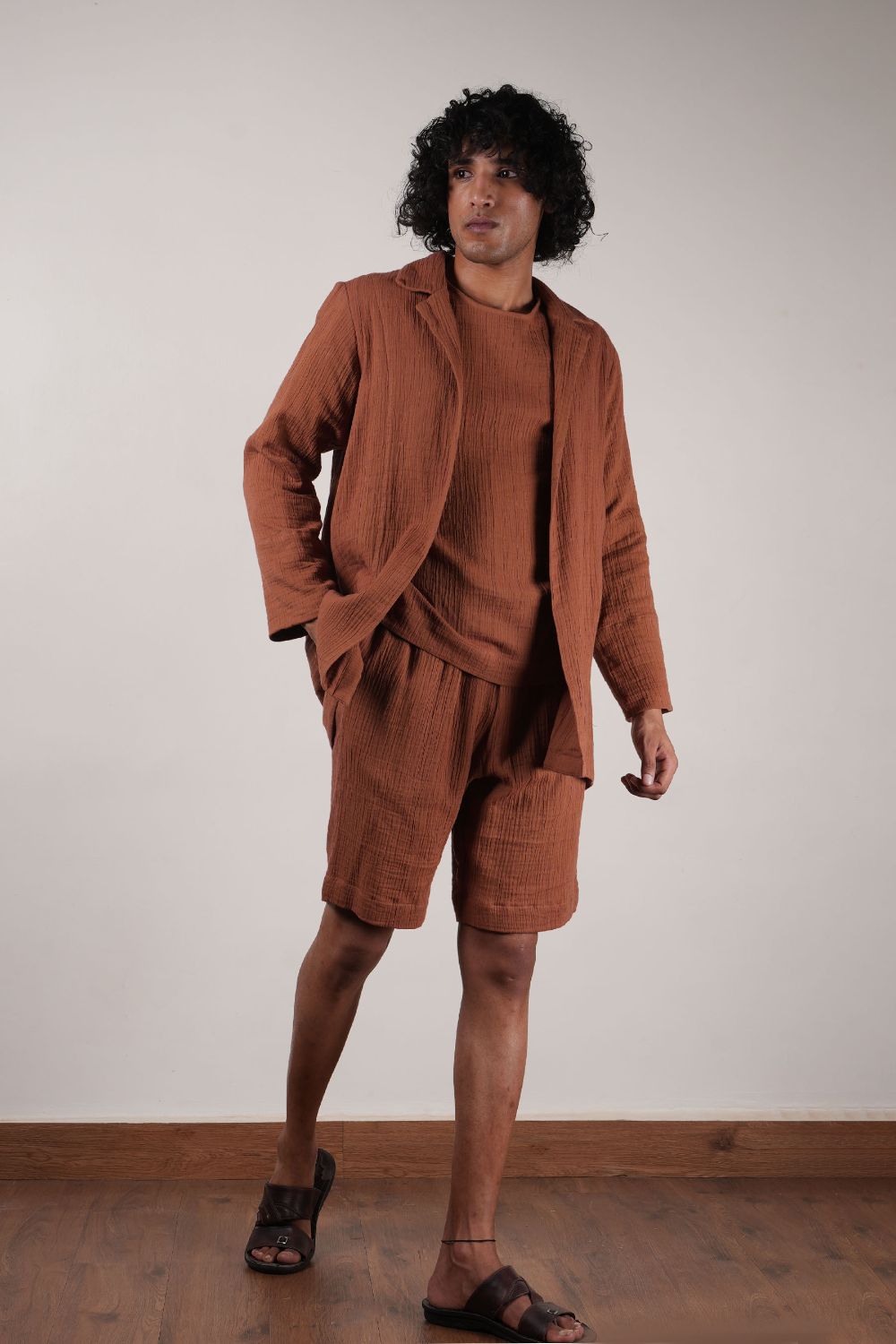 Men's Crush Cotton Brown Shawl Jacket