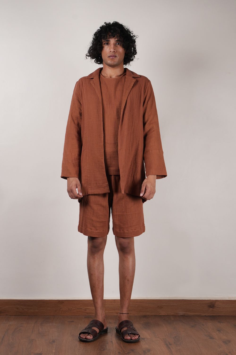 Men's Crush Cotton Brown Shawl Jacket