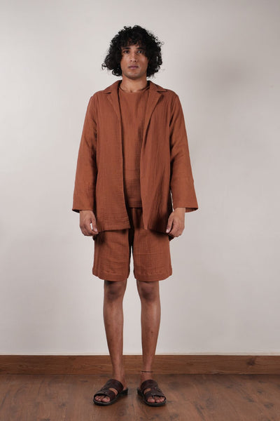 Men's Crush Cotton Brown Shawl Jacket