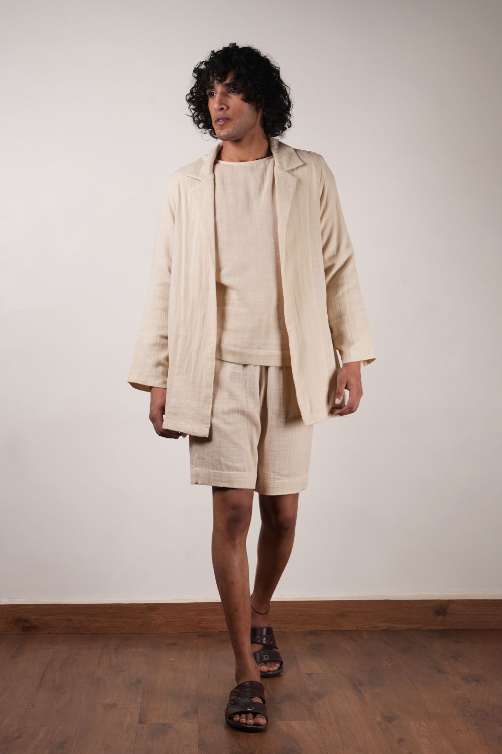 Men's Crush Cotton Cream Shawl Jacket