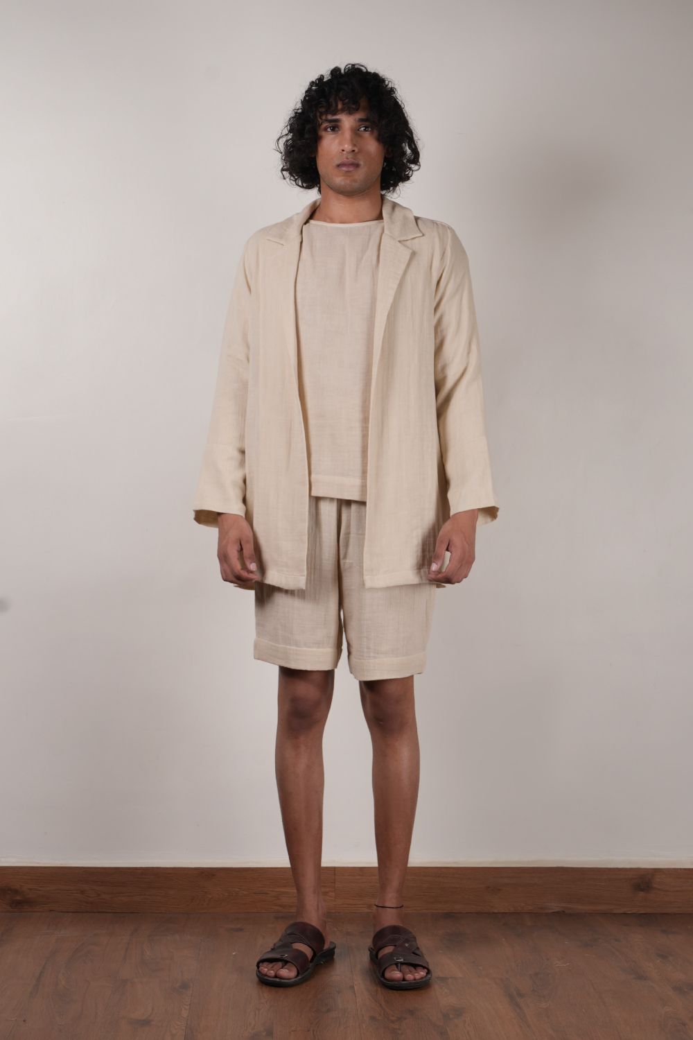 Men's Crush Cotton Cream Shawl Jacket