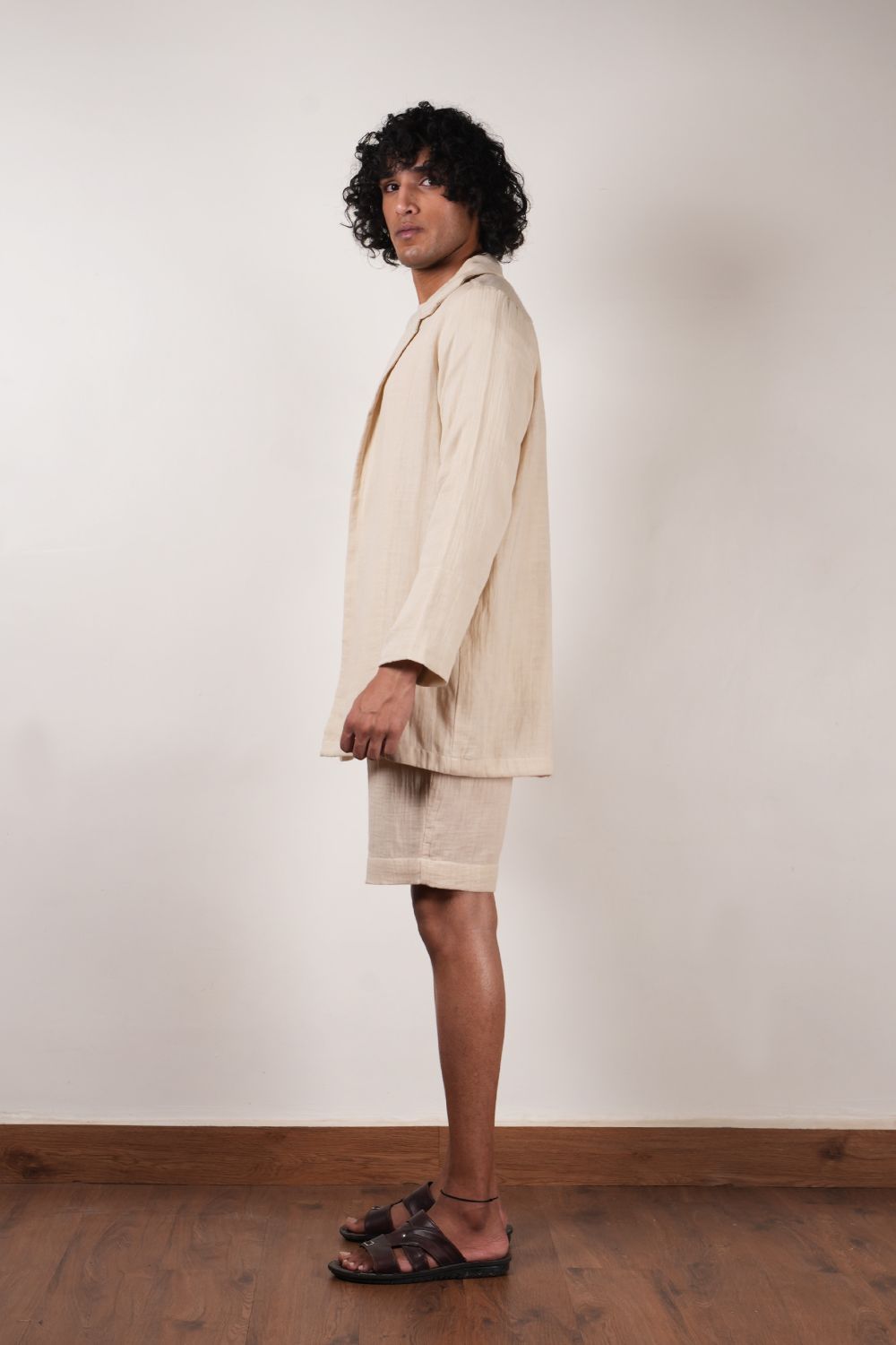 Men's Crush Cotton Cream Shawl Jacket