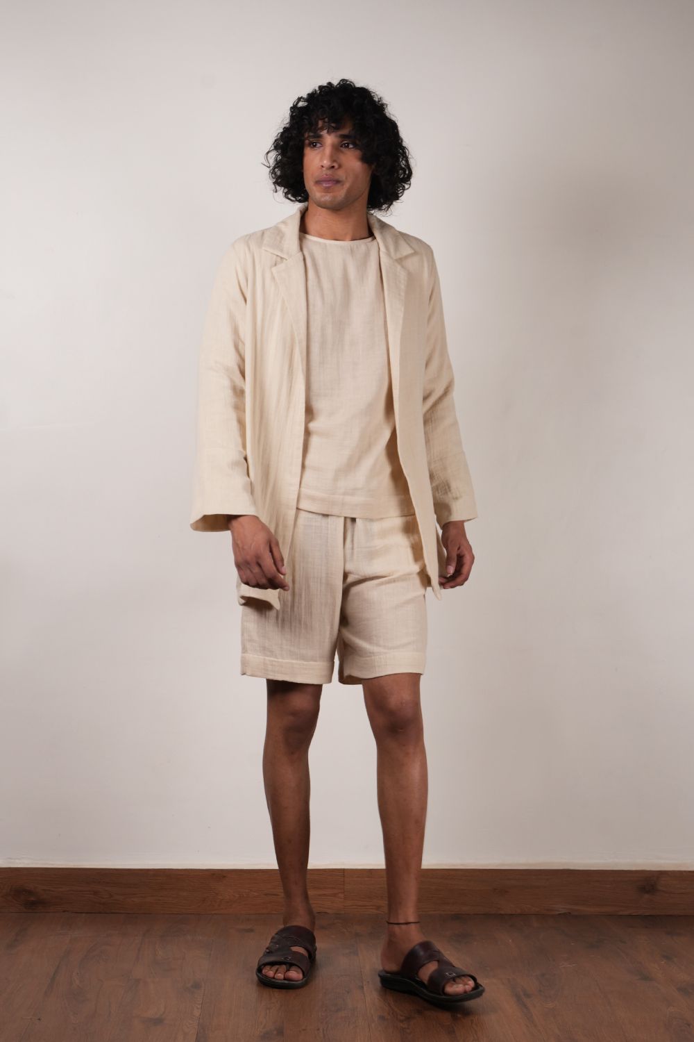 Men's Crush Cotton Cream Shawl Jacket
