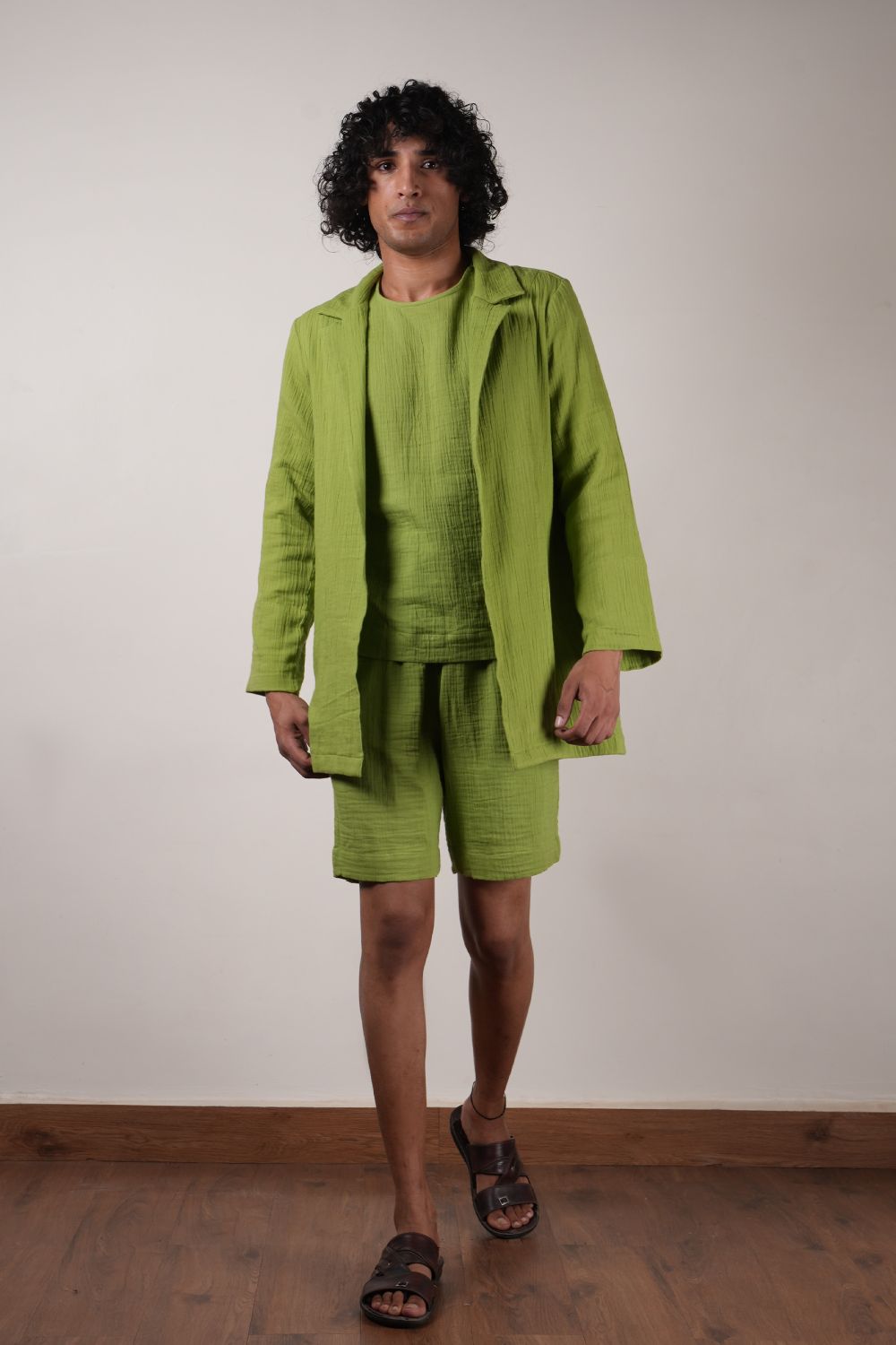 Men's Crush Cotton Green Shawl Jacket