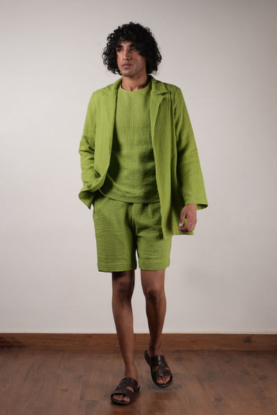 Men's Crush Cotton Green Shawl Jacket