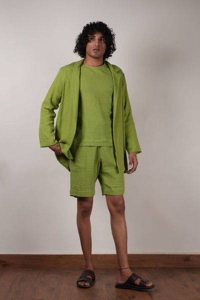 Men's Crush Cotton Green Shawl Jacket