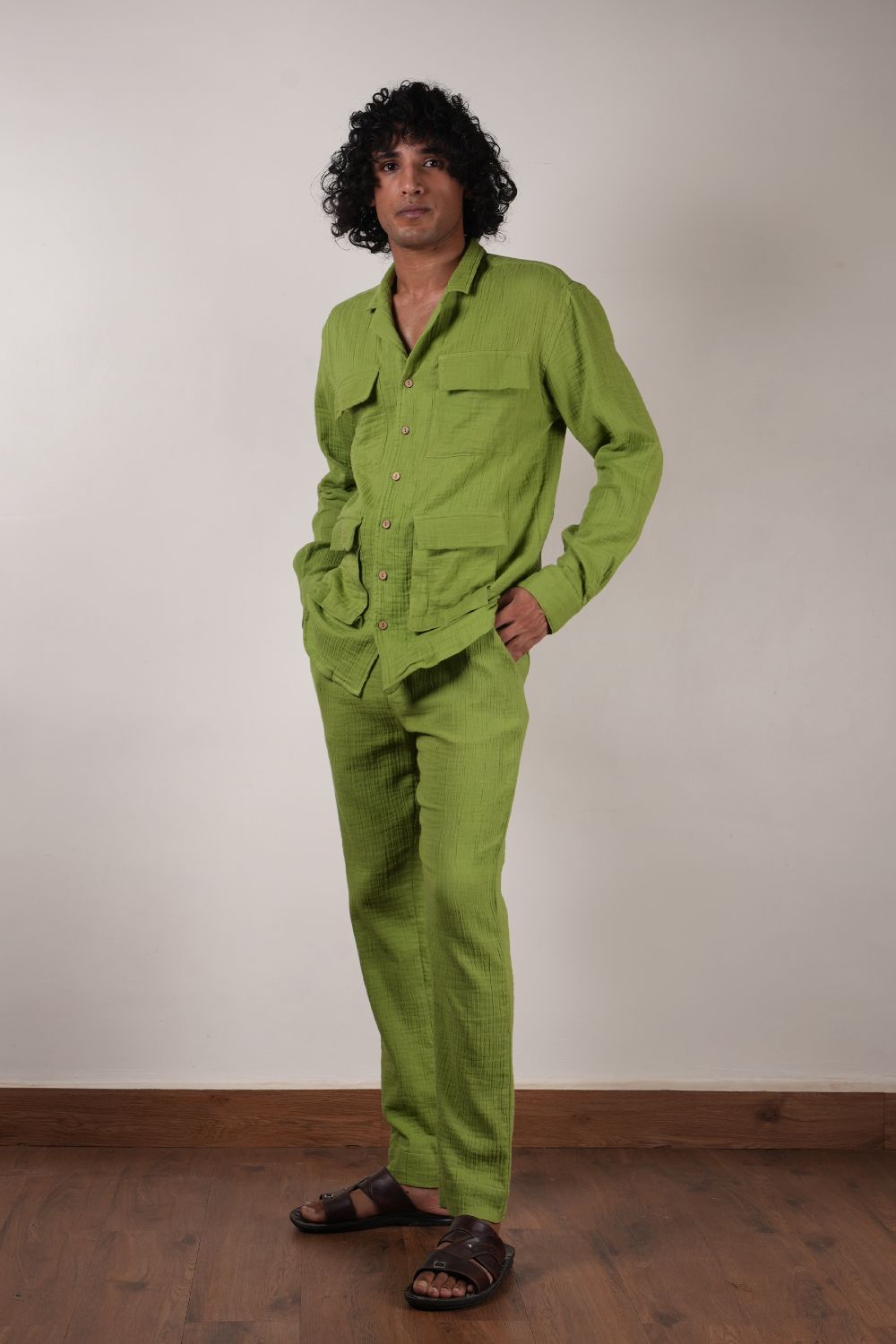 Men's Green Crush Cotton Pocket Shirt & Pant Set (2 PCS)