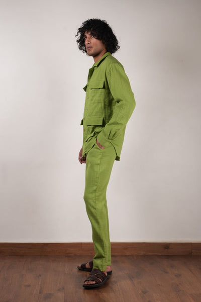 Men's Green Crush Cotton Pocket Shirt & Pant Set (2 PCS)