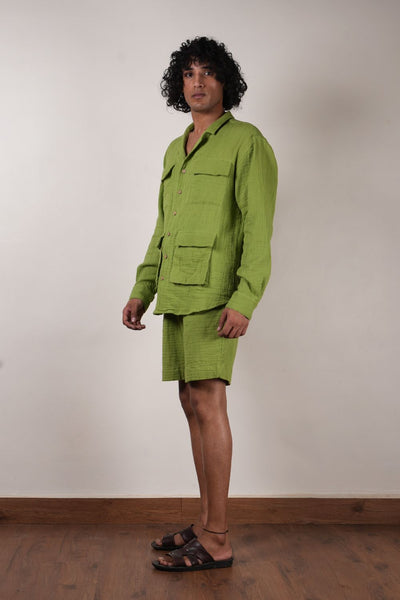 Men's Green Crush Cotton Pocket Shirt & Shorts Set (2 Pcs)