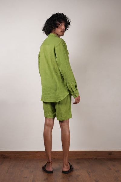 Men's Green Crush Cotton Pocket Shirt & Shorts Set (2 Pcs)