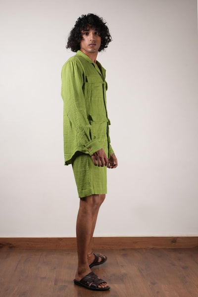 Men's Green Crush Cotton Pocket Shirt & Shorts Set (2 Pcs)