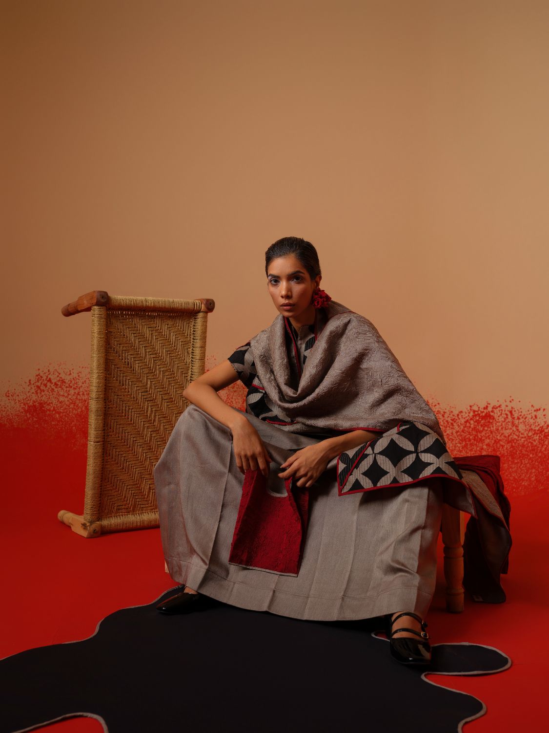 Mist Scarf-Grey + Black + Red