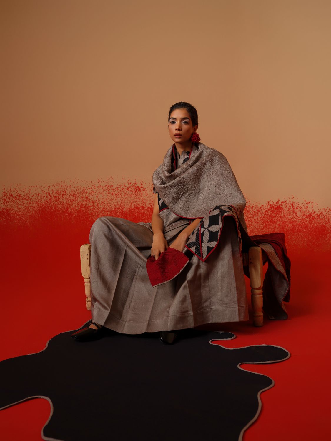Mist Scarf-Grey + Black + Red