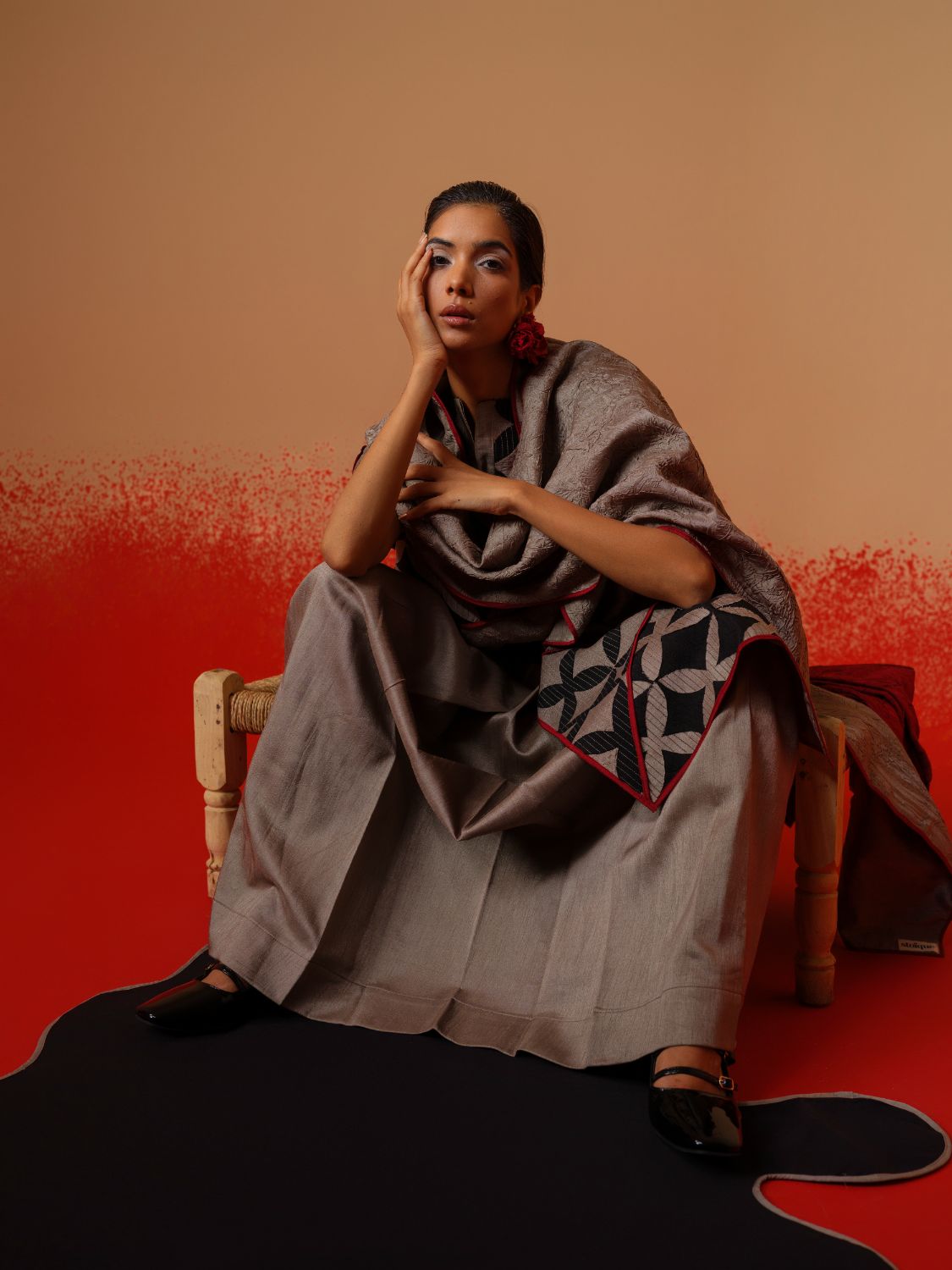 Mist Scarf-Grey + Black + Red