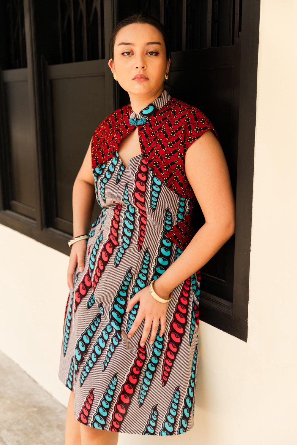 Monifa Cheongsam Dress - Red Blue and Grey African Ankara Wax Cotton Print