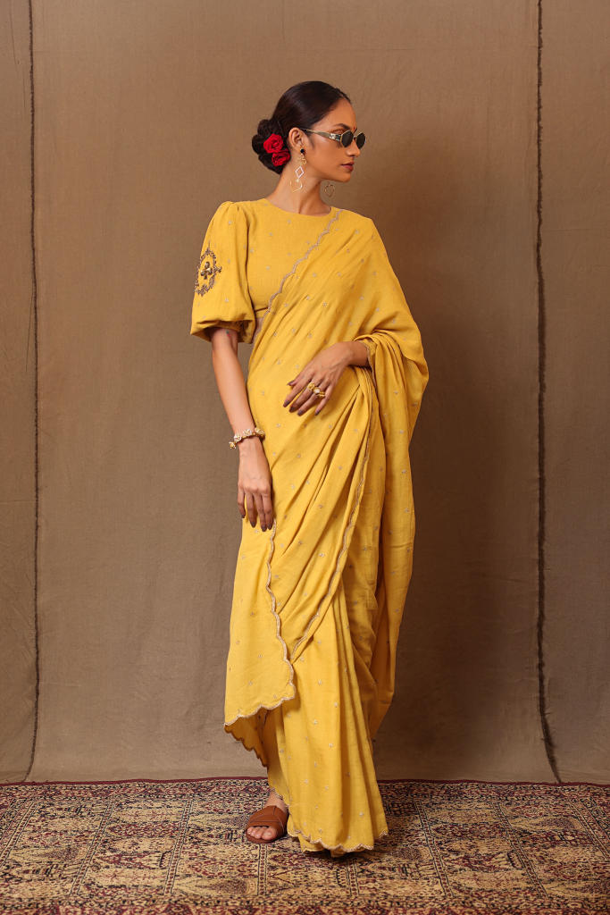 Mustard Zari Club EMB Saree Blouse Set (2 PCS)
