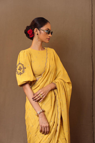 Mustard Zari Club EMB Saree Blouse Set (2 PCS)
