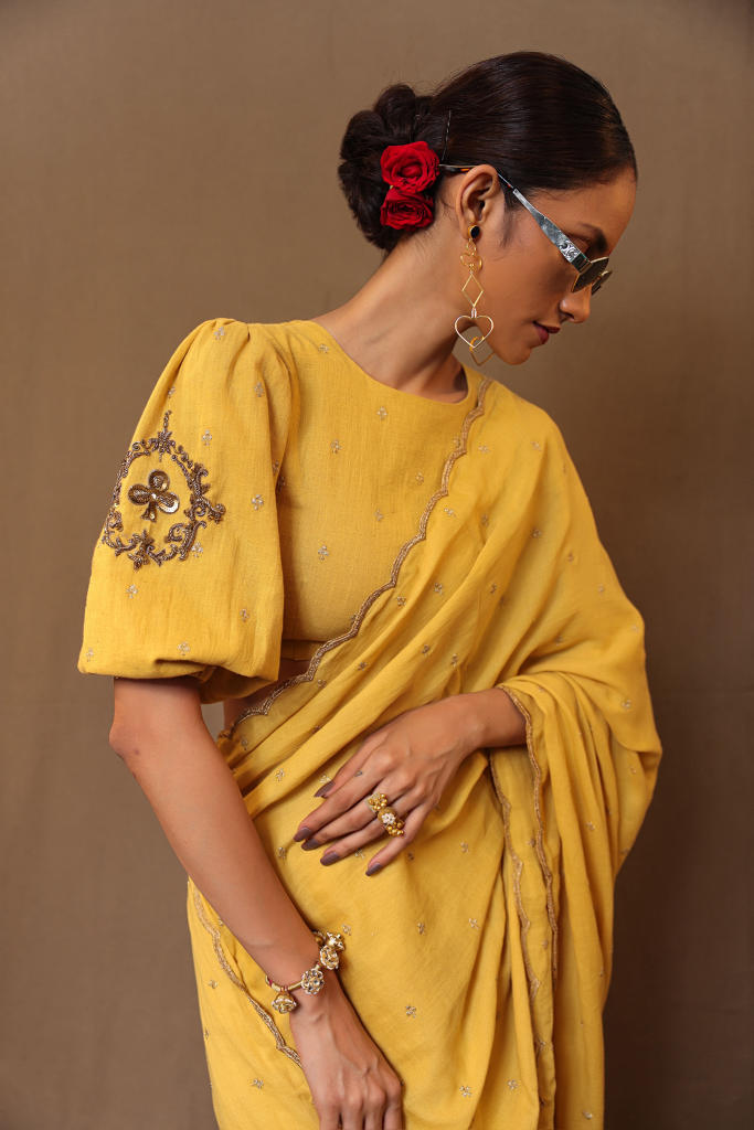 Mustard Zari Club EMB Saree Blouse Set (2 PCS)