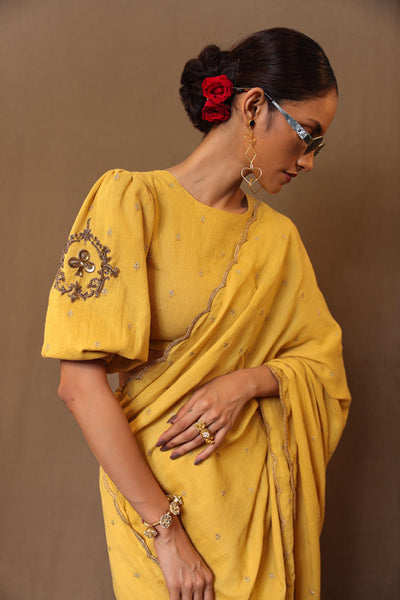 Mustard Zari Club EMB Saree Blouse Set (2 PCS)