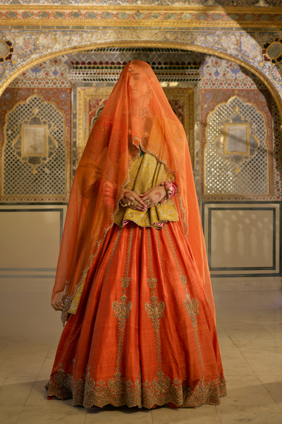 Naazila - Dabka Zardozi Embroidered Raw Silk Burnt Orange Lehenga Set