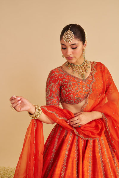 Naazila - Dabka Zardozi Embroidered Raw Silk Burnt Orange Lehenga Set