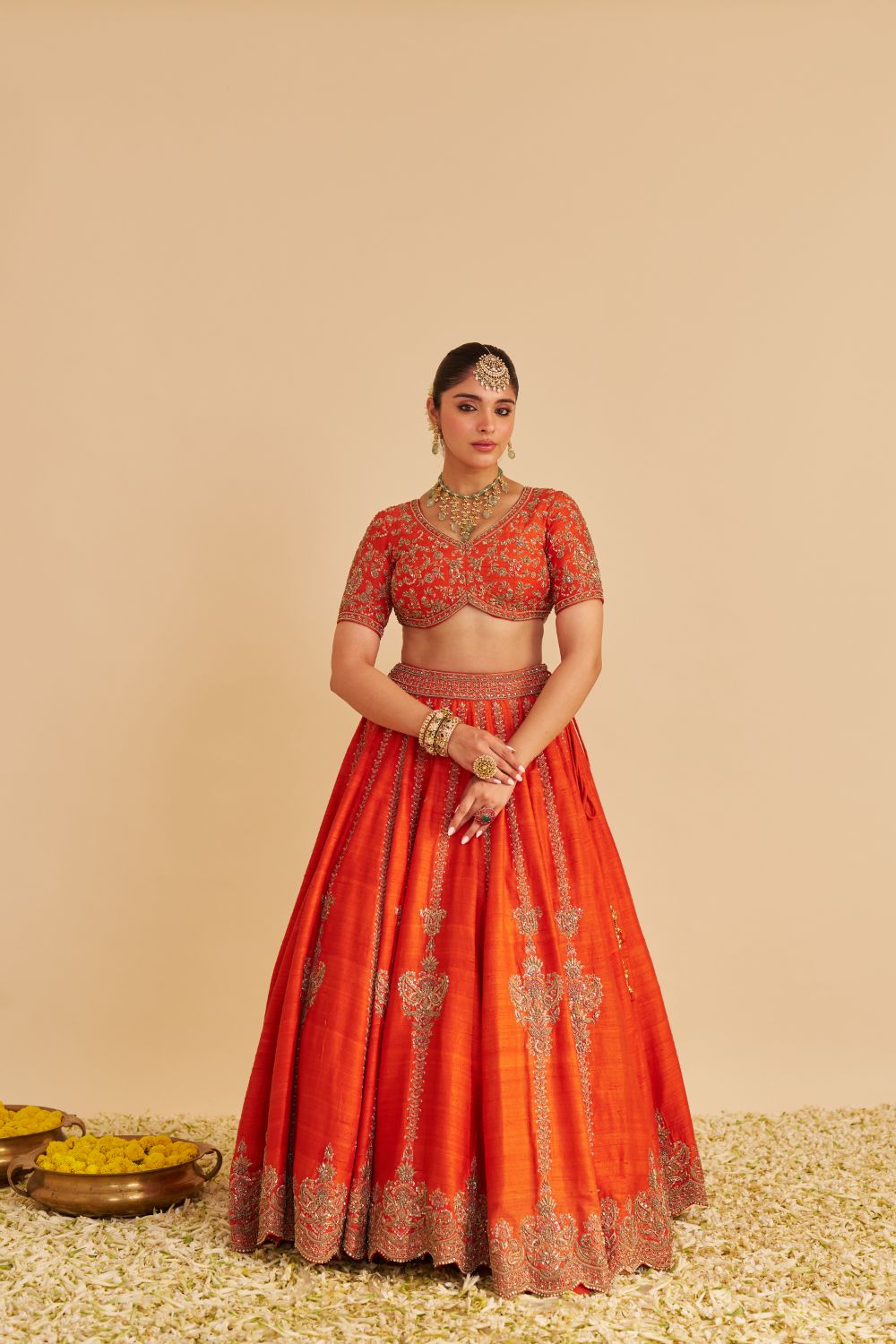 Naazila - Dabka Zardozi Embroidered Raw Silk Burnt Orange Lehenga Set