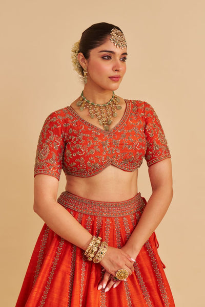 Naazila - Dabka Zardozi Embroidered Raw Silk Burnt Orange Lehenga Set