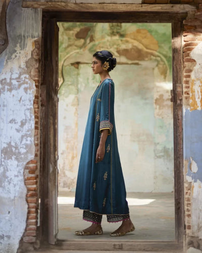 Nadira Teal Silk Butti Back Yoke Kurta Set