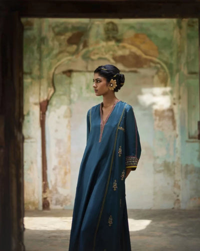 Nadira Teal Silk Butti Back Yoke Kurta Set