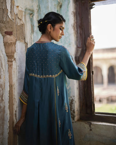 Nadira Teal Silk Butti Back Yoke Kurta Set