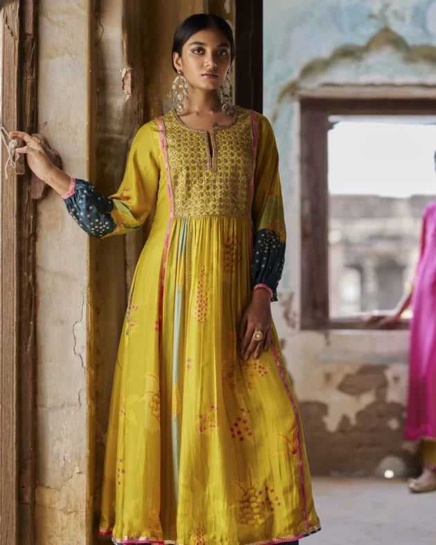Nadira Lime Yellow Front Puckering Kurta Set