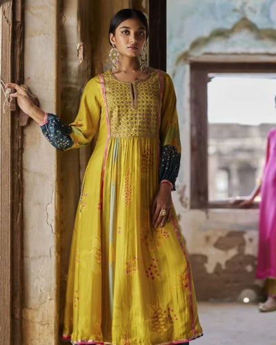 Nadira Lime Yellow Front Puckering Kurta Set