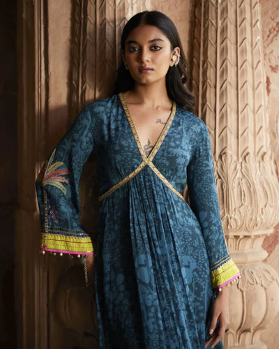 Nadira Teal Tree Bell Sleeve Kurta Set