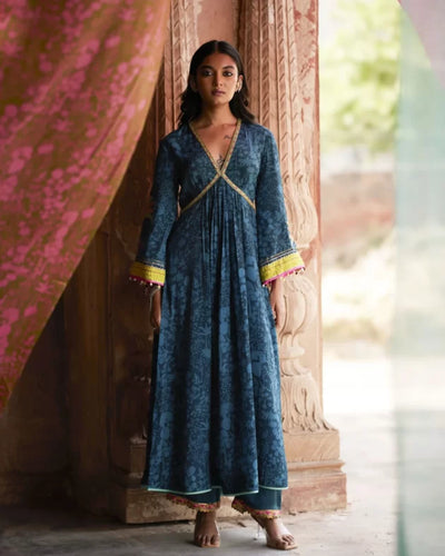 Nadira Teal Tree Bell Sleeve Kurta Set