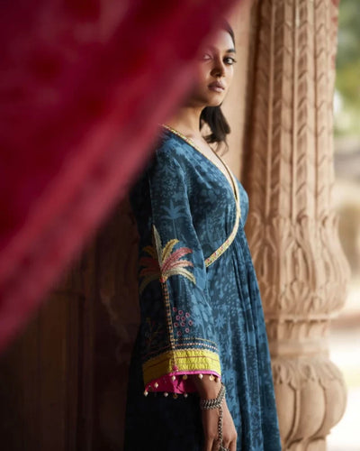 Nadira Teal Tree Bell Sleeve Kurta Set