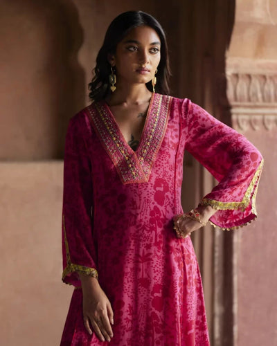 Nadira Hot Pink -Red Shadow Print Kurta Set