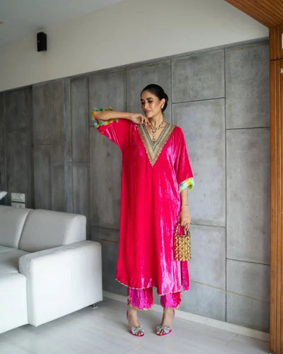 Nadira Hot Pink Velvet Kaftan Kurta Set