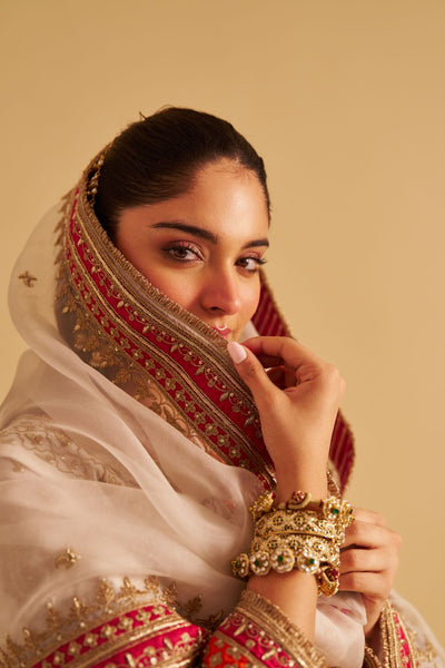 Nargis - Dabka Zardozi Embroidered Rich Banarasi Kalidaar Daisy Ivory Long Chauga Set