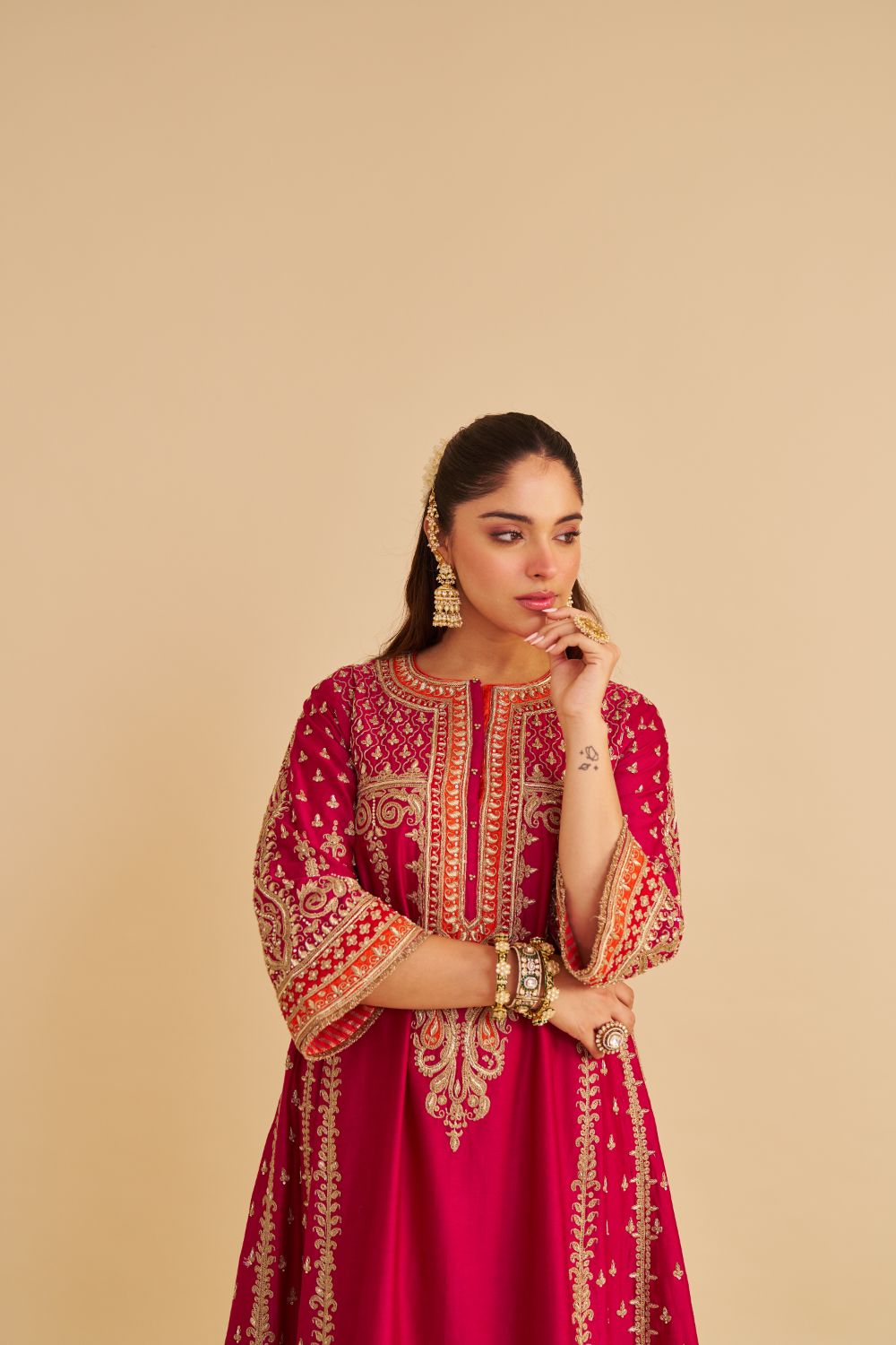 Nargis  - Dabka Zardozi Embroidered Rich Banarasi Kalidaar Hotpink Long Chauga Set