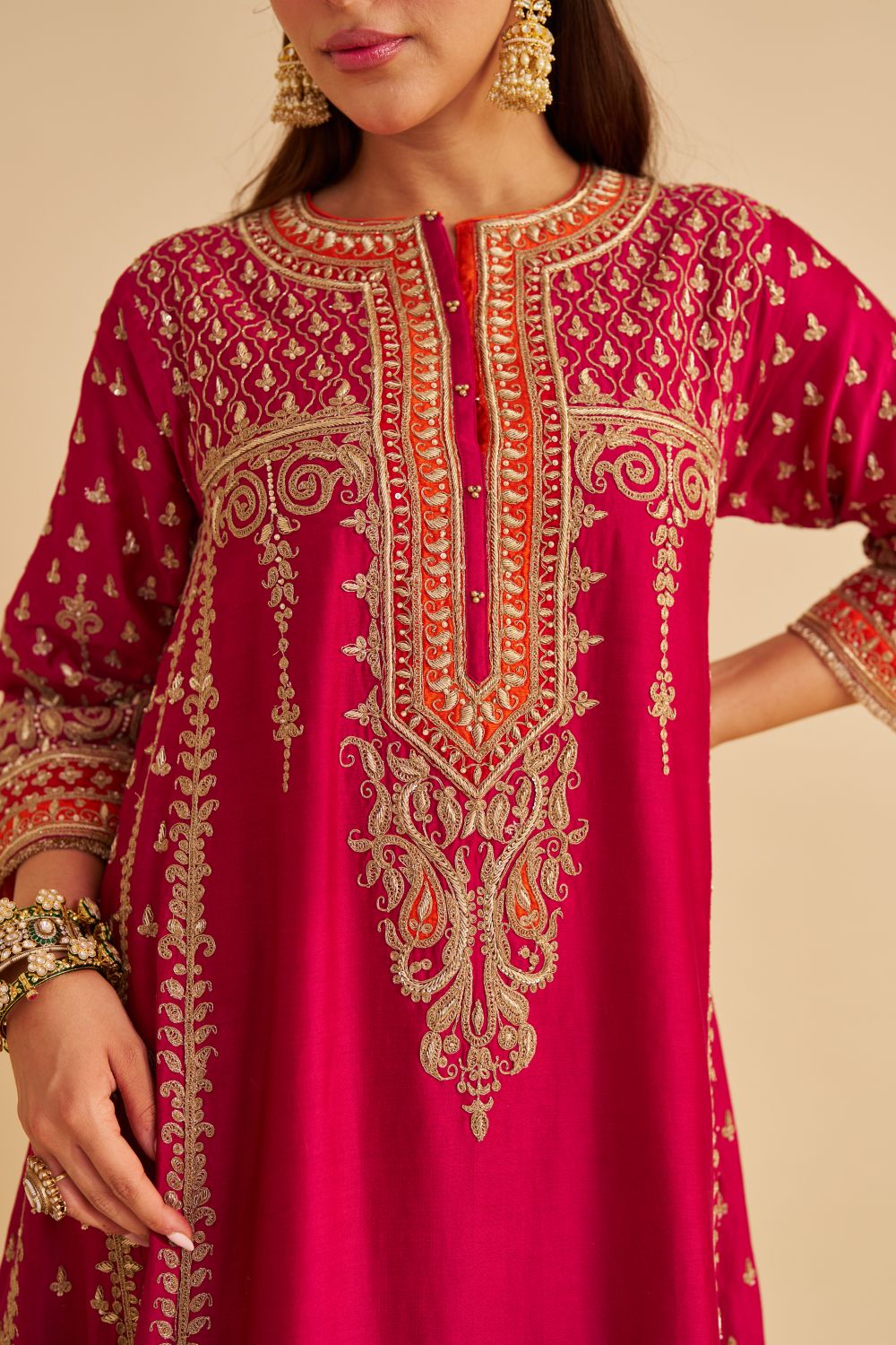 Nargis  - Dabka Zardozi Embroidered Rich Banarasi Kalidaar Hotpink Long Chauga Set