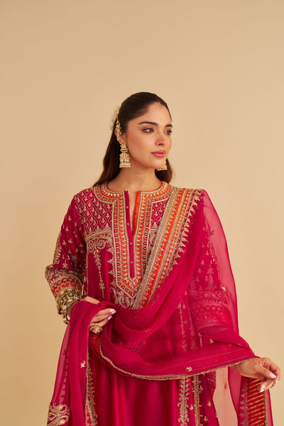 Nargis  - Dabka Zardozi Embroidered Rich Banarasi Kalidaar Hotpink Long Chauga Set