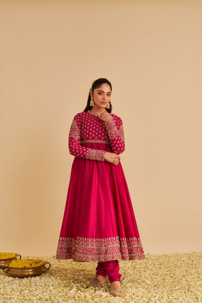 Noor - Dabka Zardozi Embroidered Chanderi Silk Hotpink Anarkali  Set