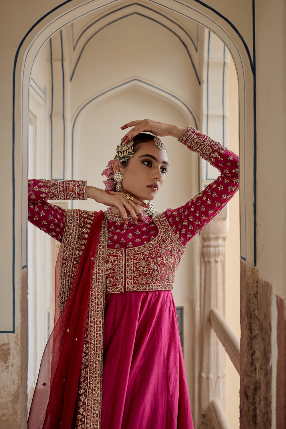 Noor - Dabka Zardozi Embroidered Chanderi Silk Hotpink Anarkali  Set