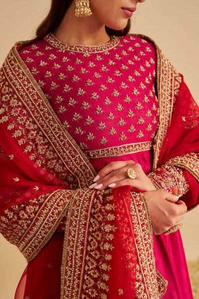 Noor - Dabka Zardozi Embroidered Chanderi Silk Hotpink Anarkali  Set