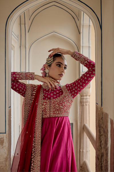 Noor - Dabka Zardozi Embroidered Chanderi Silk Hotpink Anarkali  Set