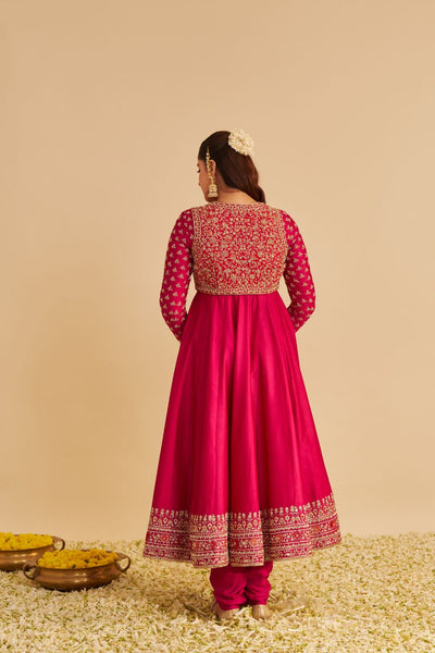 Noor - Dabka Zardozi Embroidered Chanderi Silk Hotpink Anarkali  Set